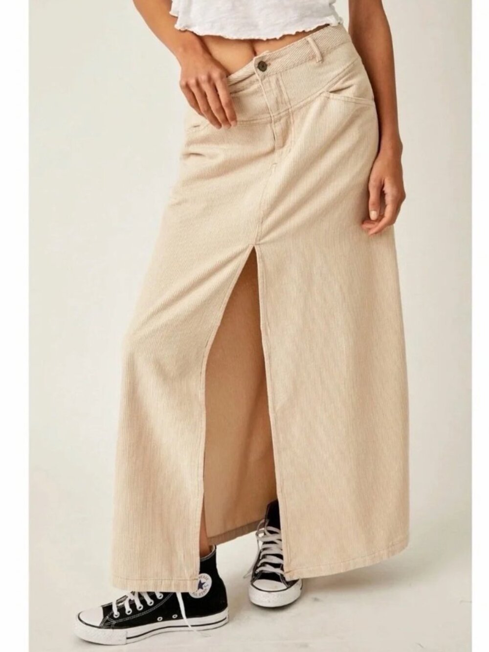 We the Free Come As You Are Corduroy Maxi Boho Skirt Front Slit Beige Size 0